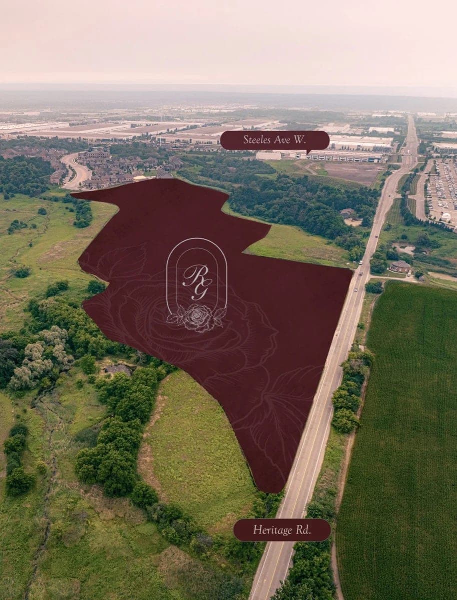 Aerial location map of Rosemont Grove at Heritage Road and Steeles Avenue West in Brampton