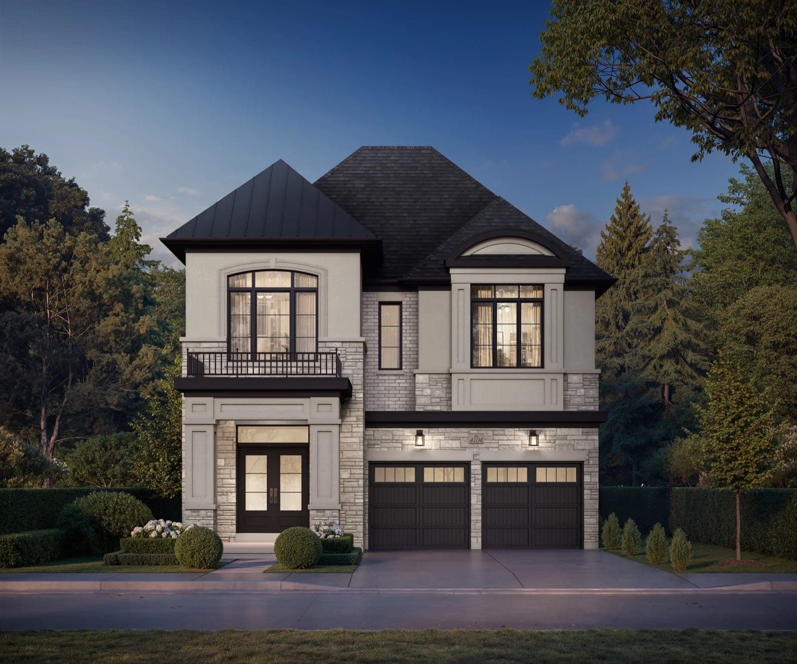 Exterior rendering of a 41′ signature detached residence at Rosemont Grove at dusk