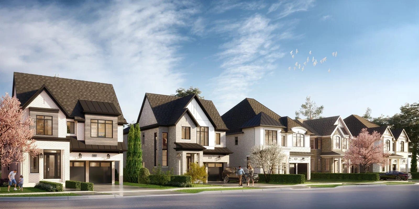 Architectural streetscape rendering of detached homes at Rosemont Grove in Brampton